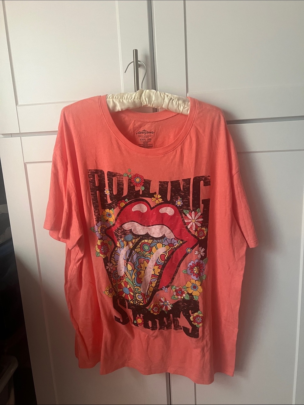 Coral Graphic Tee with Floral Rolling Stones Tongue